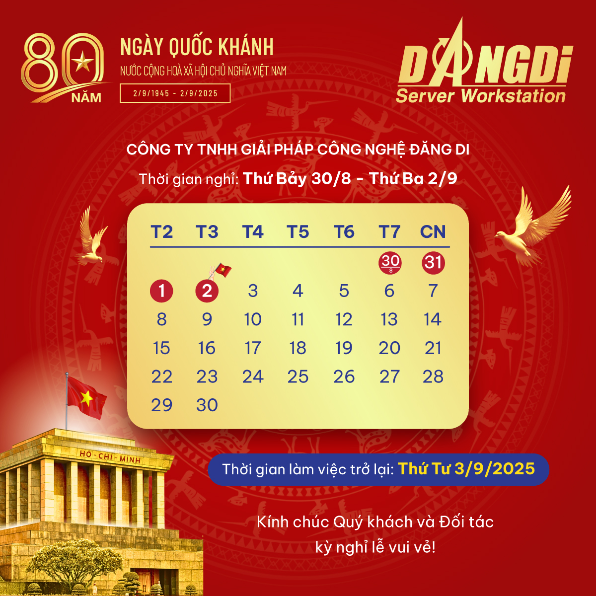 Thông báo lịch nghỉ lễ 2-9-2025