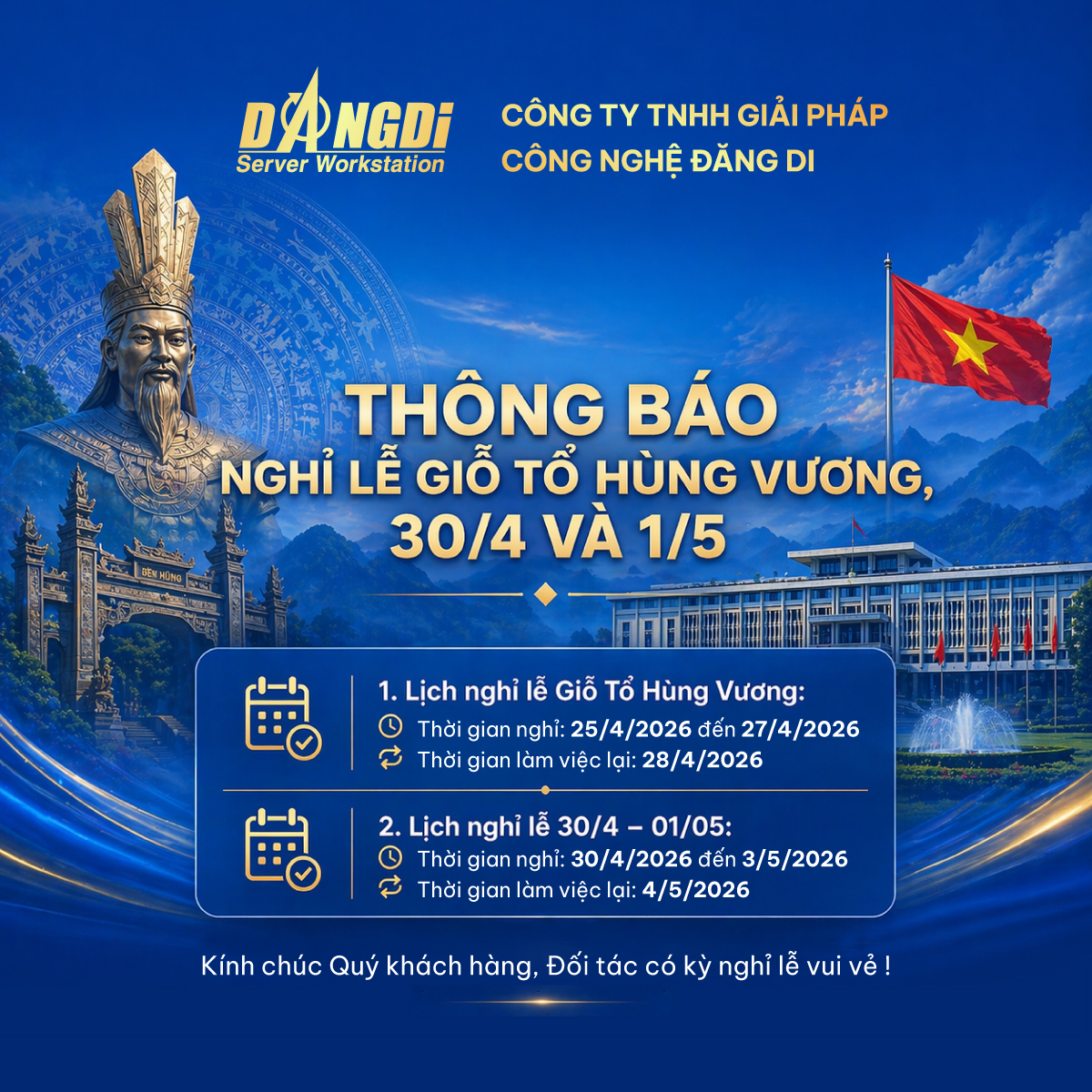 Thông báo nghỉ lễ giỗ tổ Hủng Vương, lễ 30/4 và 1/5 năm 2026