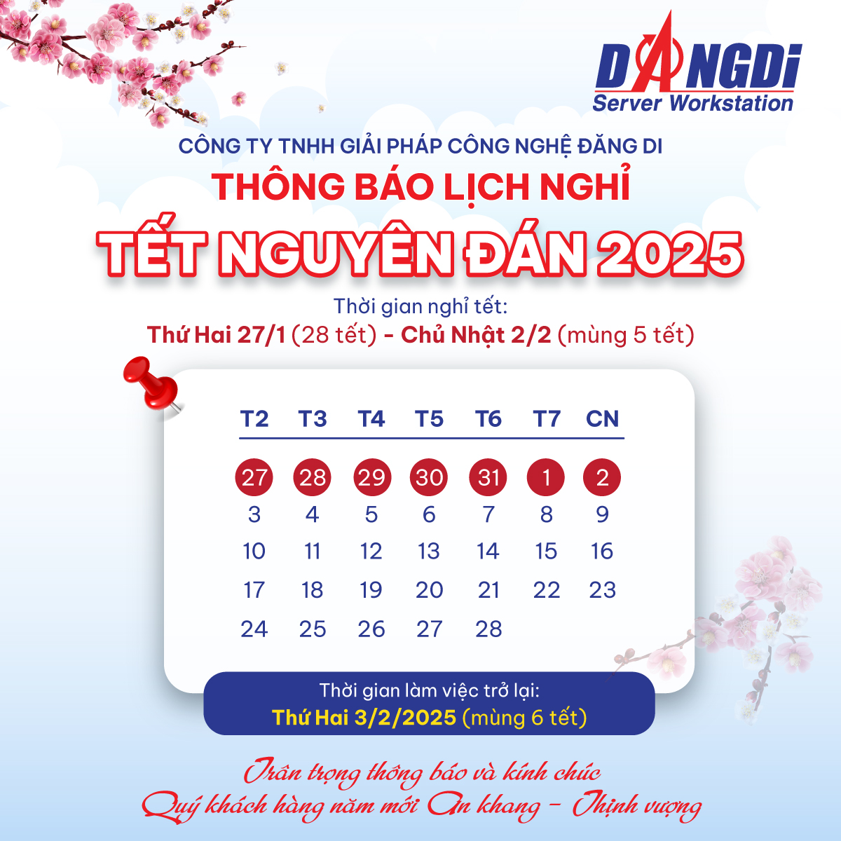 Thông báo lịch nghỉ tết nguyên đán 2025